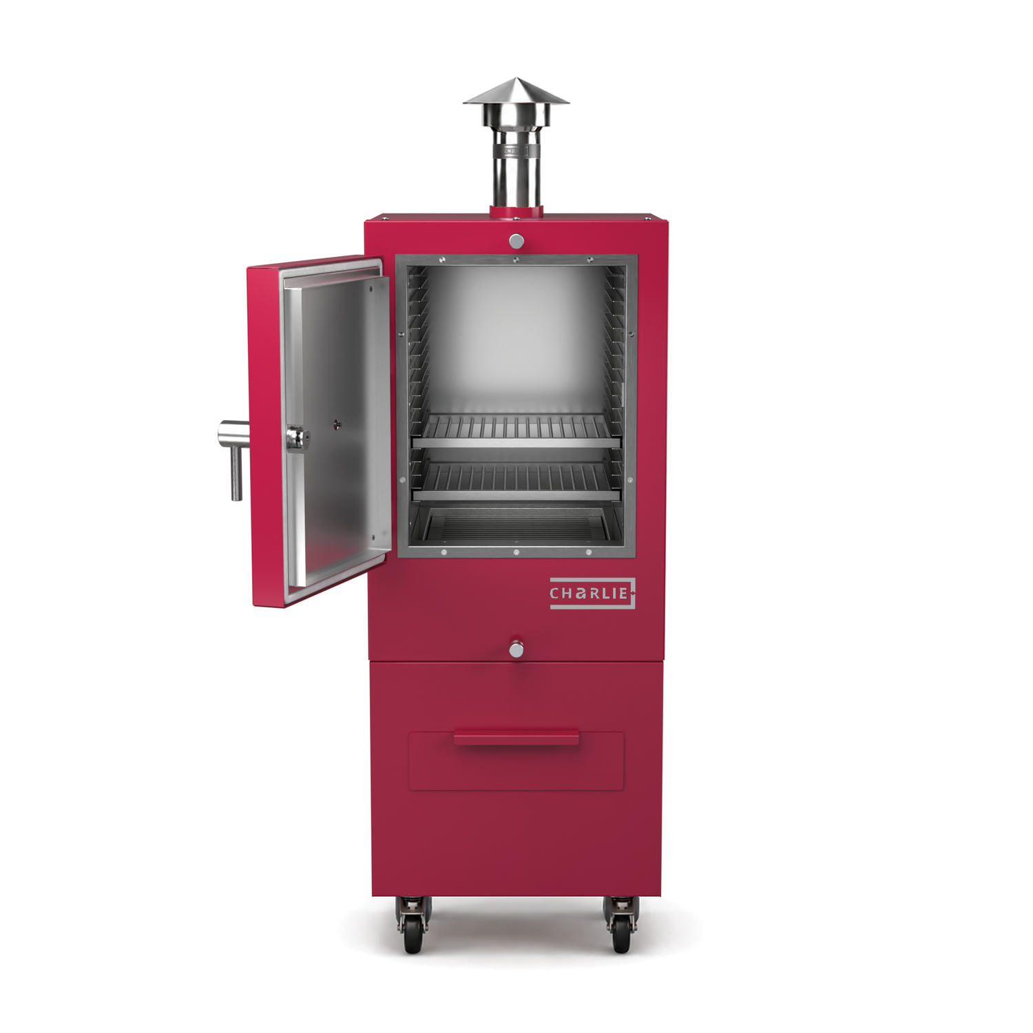 Charlie Charcoal Oven in rhubarb pink, front view with the door open showing the cooking chamber 