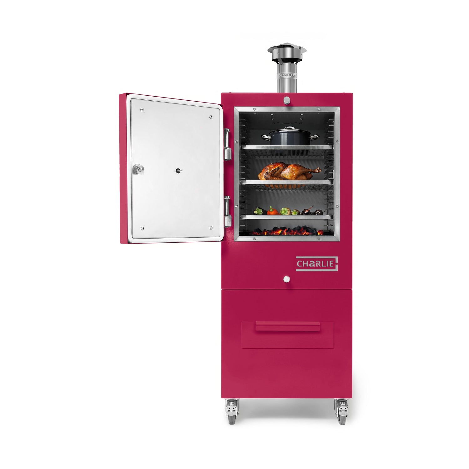 Pink smoker with food inside on a white background. 