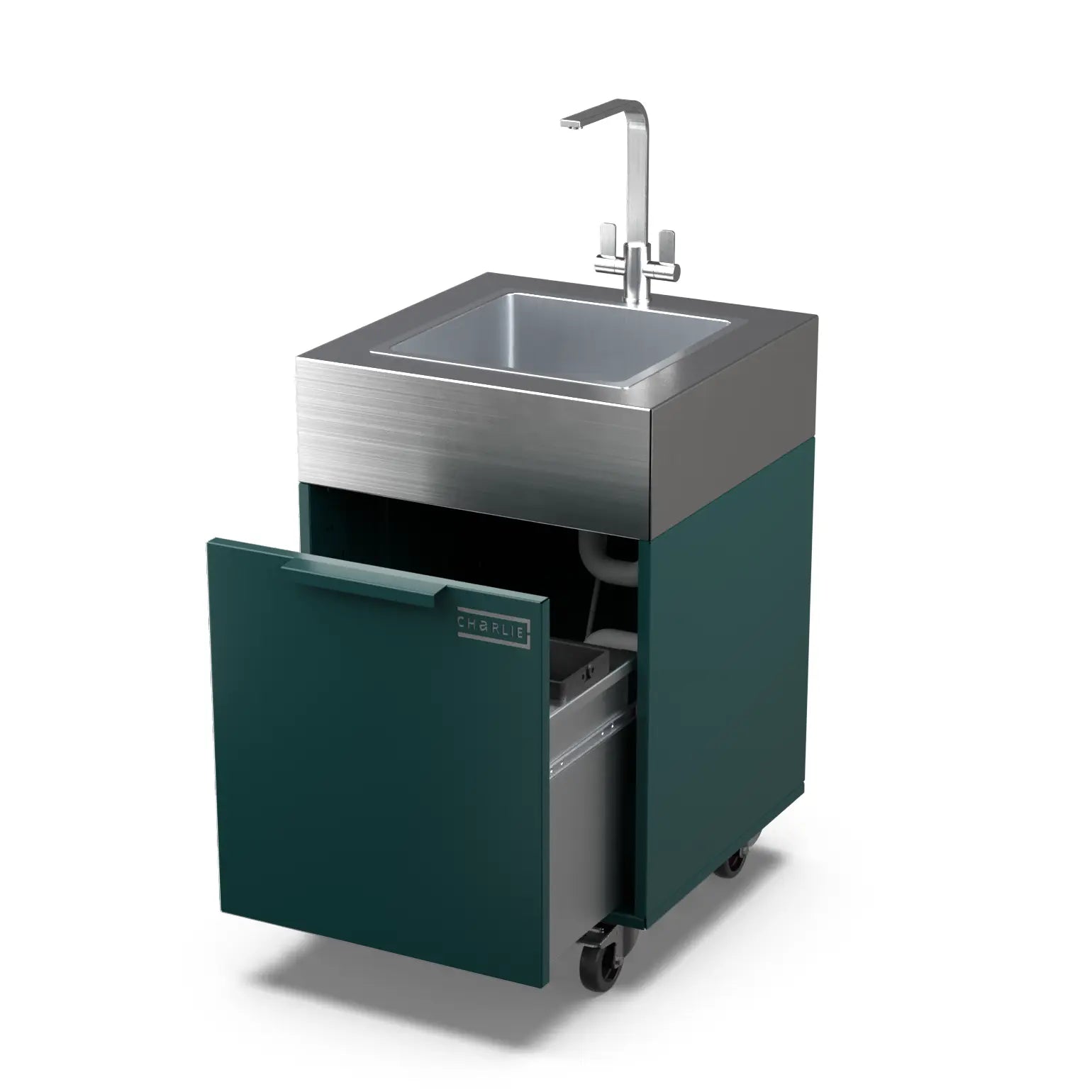 Agave green plumbed sink cabinet with bin, doors open