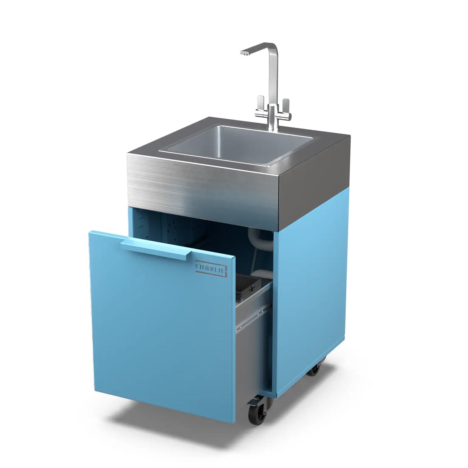 Blue Marlin plumbed sink cabinet with bin, doors open