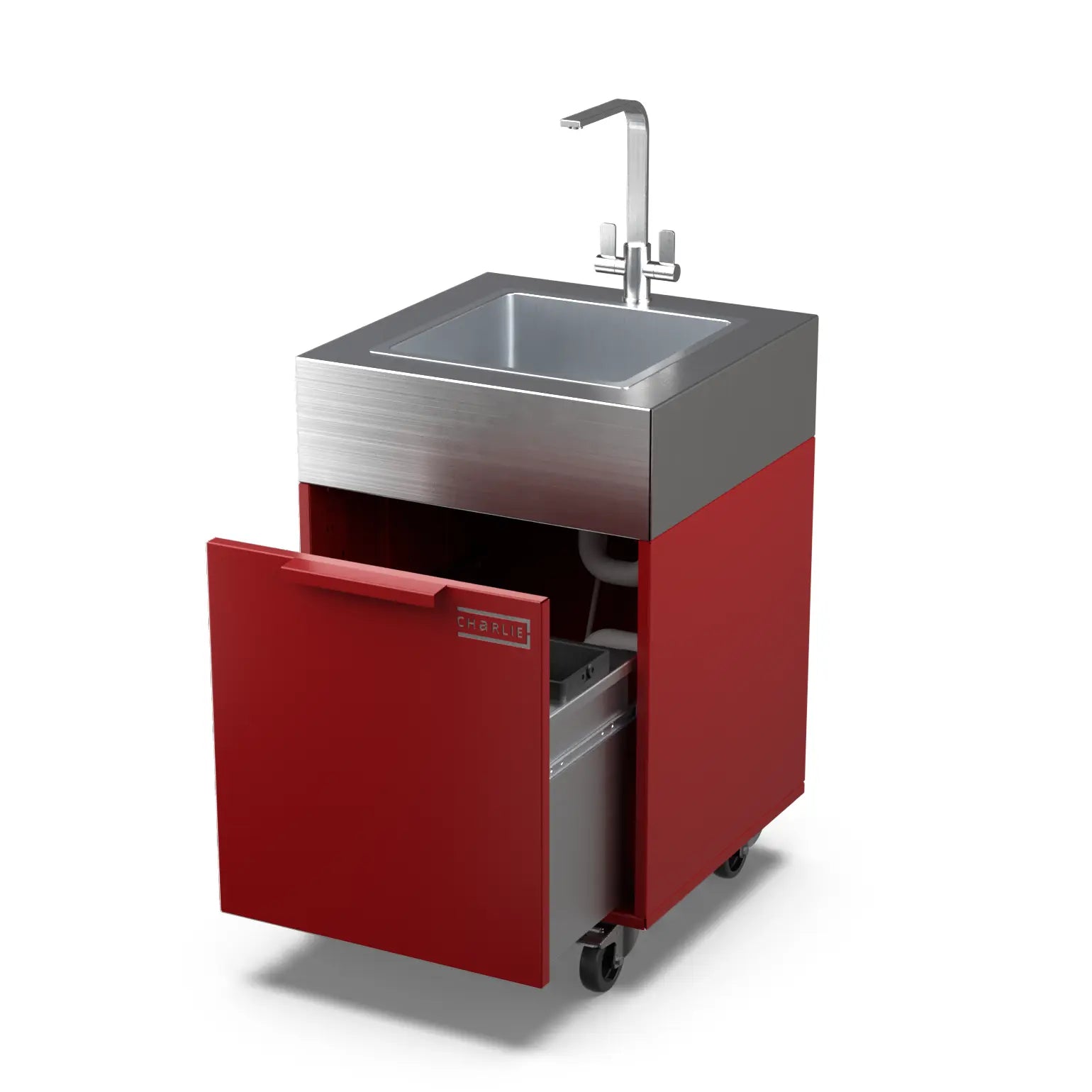 Dark Cherry plumbed sink cabinet with bin, doors open