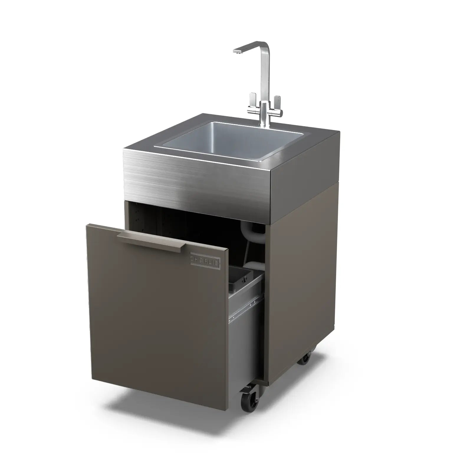 Porcini beige plumbed sink cabinet with bin, doors open
