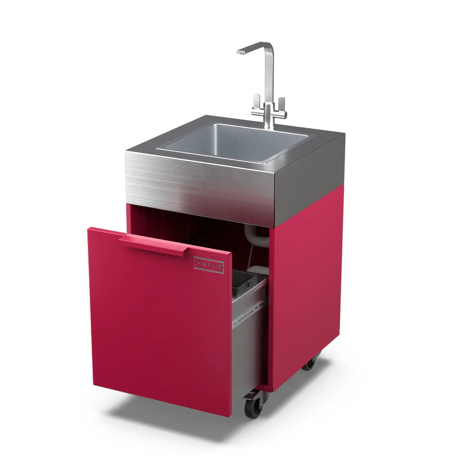 Rhubarb pink plumbed sink cabinet with bin, doors open