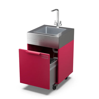 Rhubarb pink plumbed sink cabinet with bin, doors open