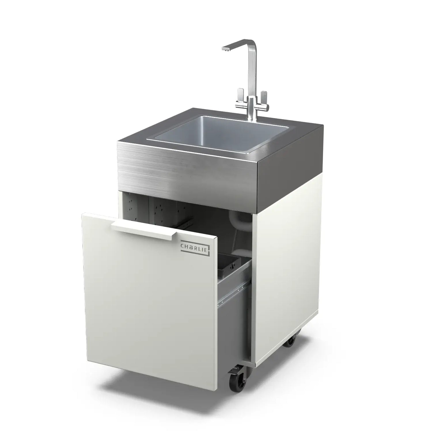 Truffle brown plumbed sink cabinet with bin, doors open