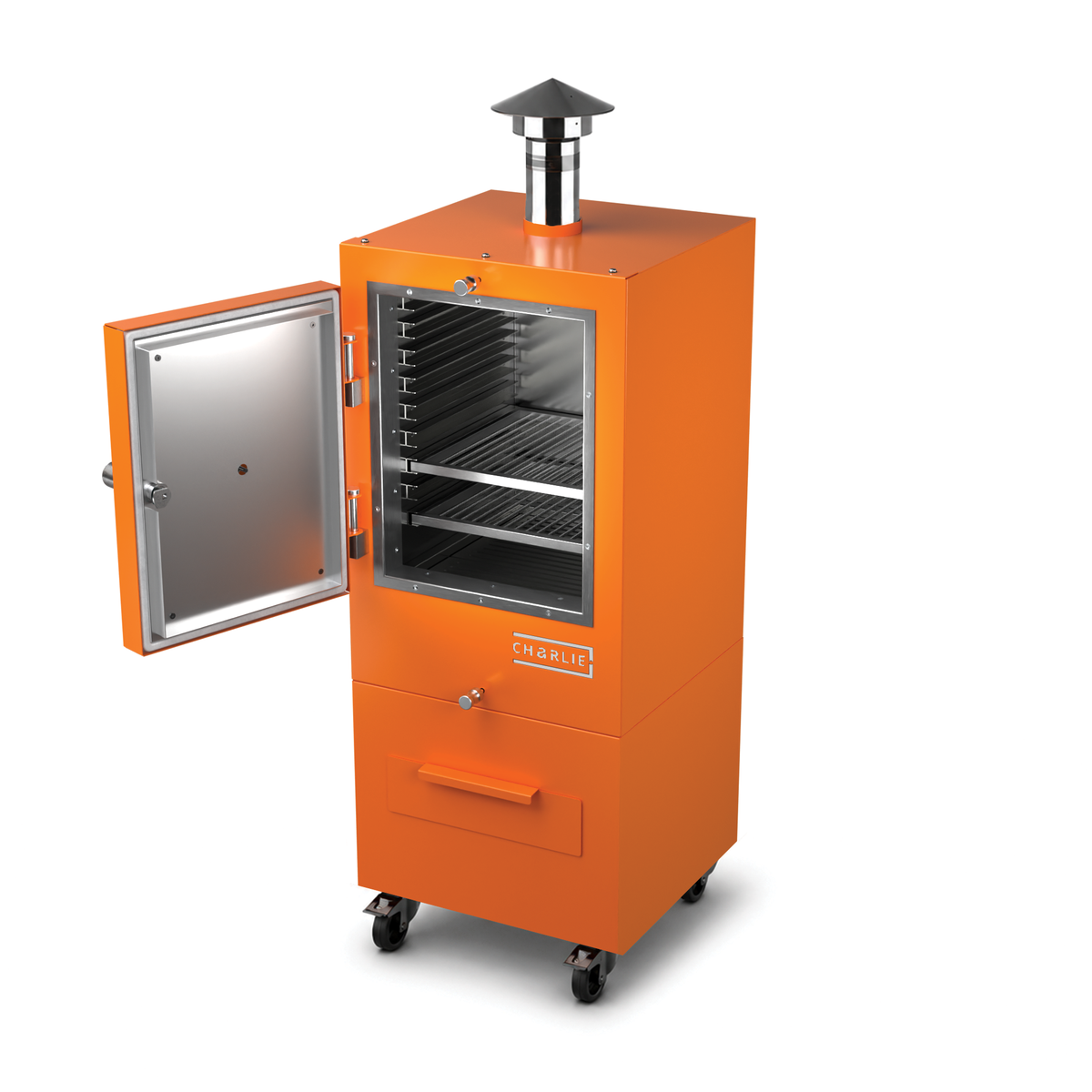 Charlie Charcoal Oven in saffron yellow, angled view with the door open 