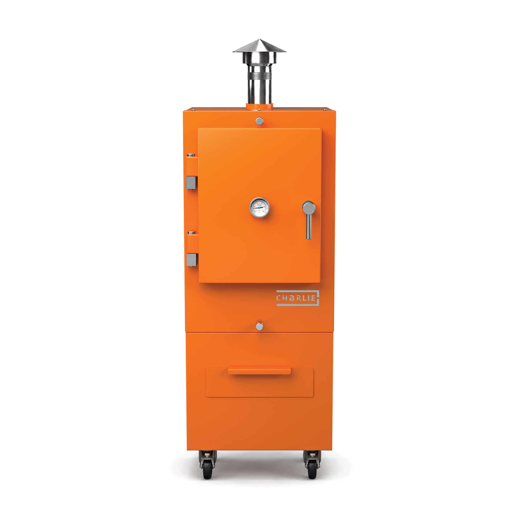Charlie Charcoal Oven in saffron yellow, front view with the door closed 