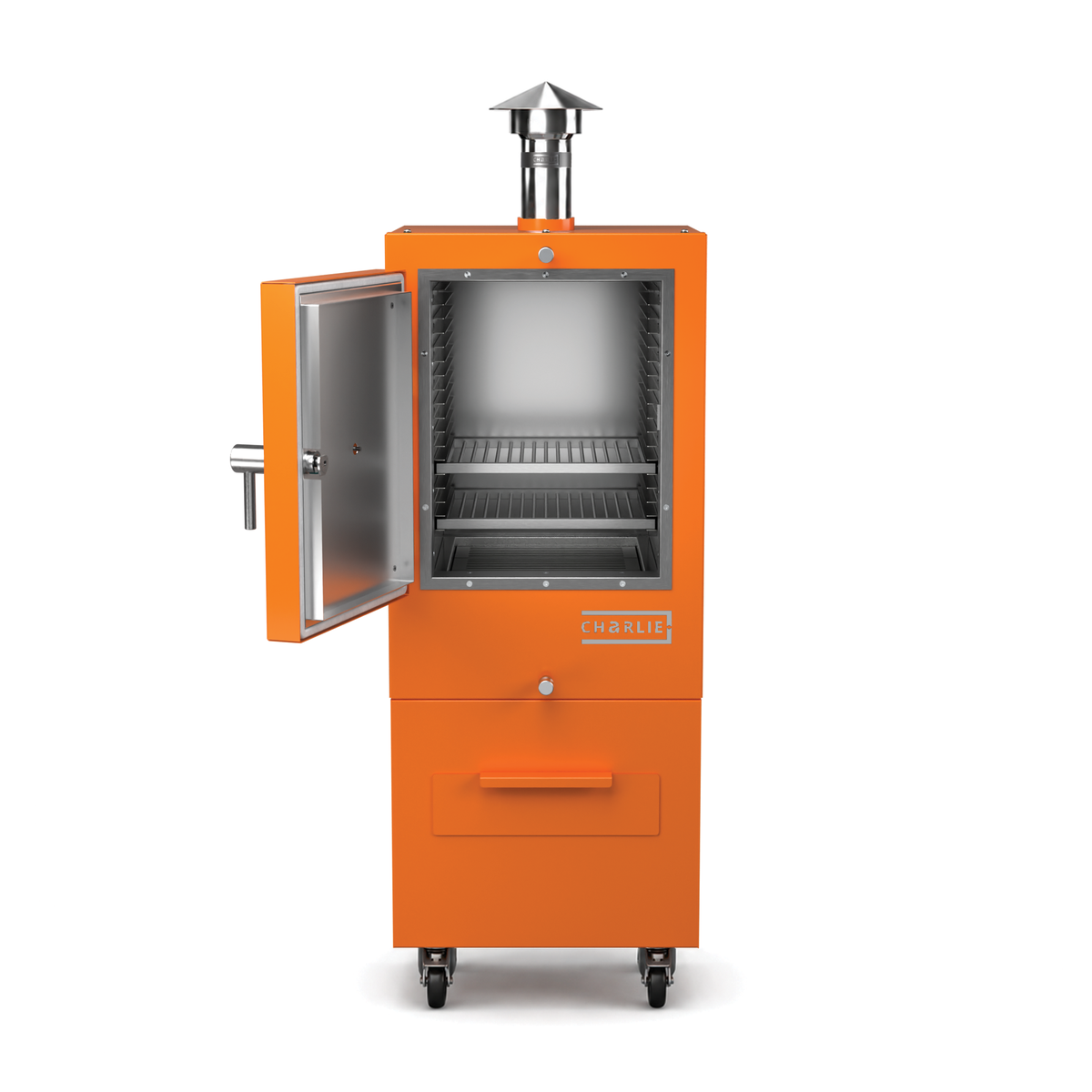 Charlie Charcoal Oven in saffron yellow, front view with the door open showing the cooking chamber 