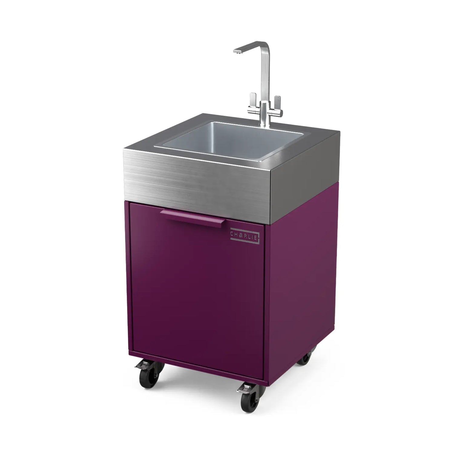 Plumbed sink cabinet in Beetroot red, angled view