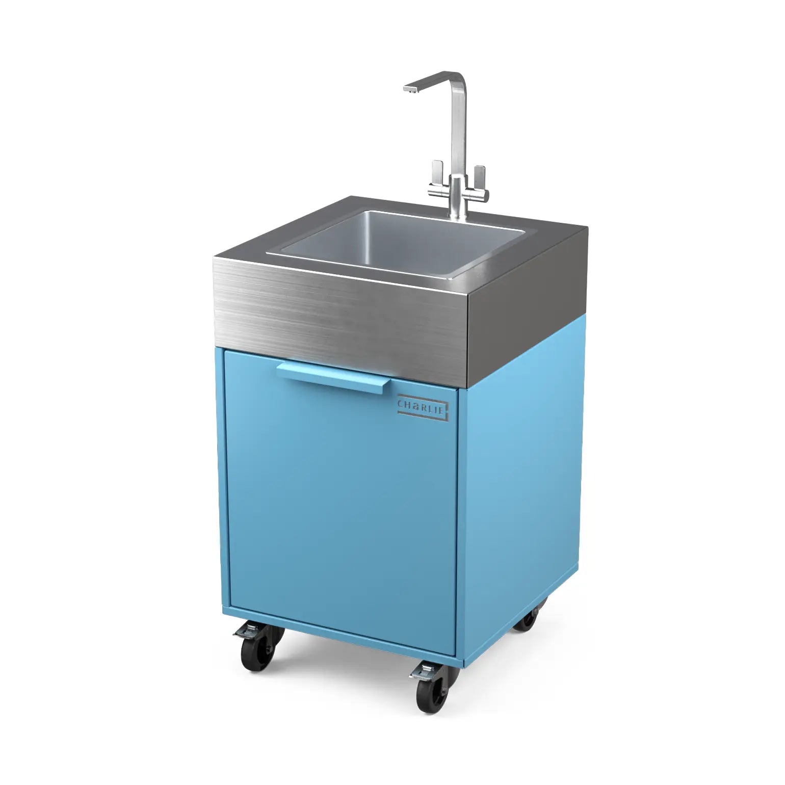 Plumbed sink cabinet in Blue Marlin blue, angled view