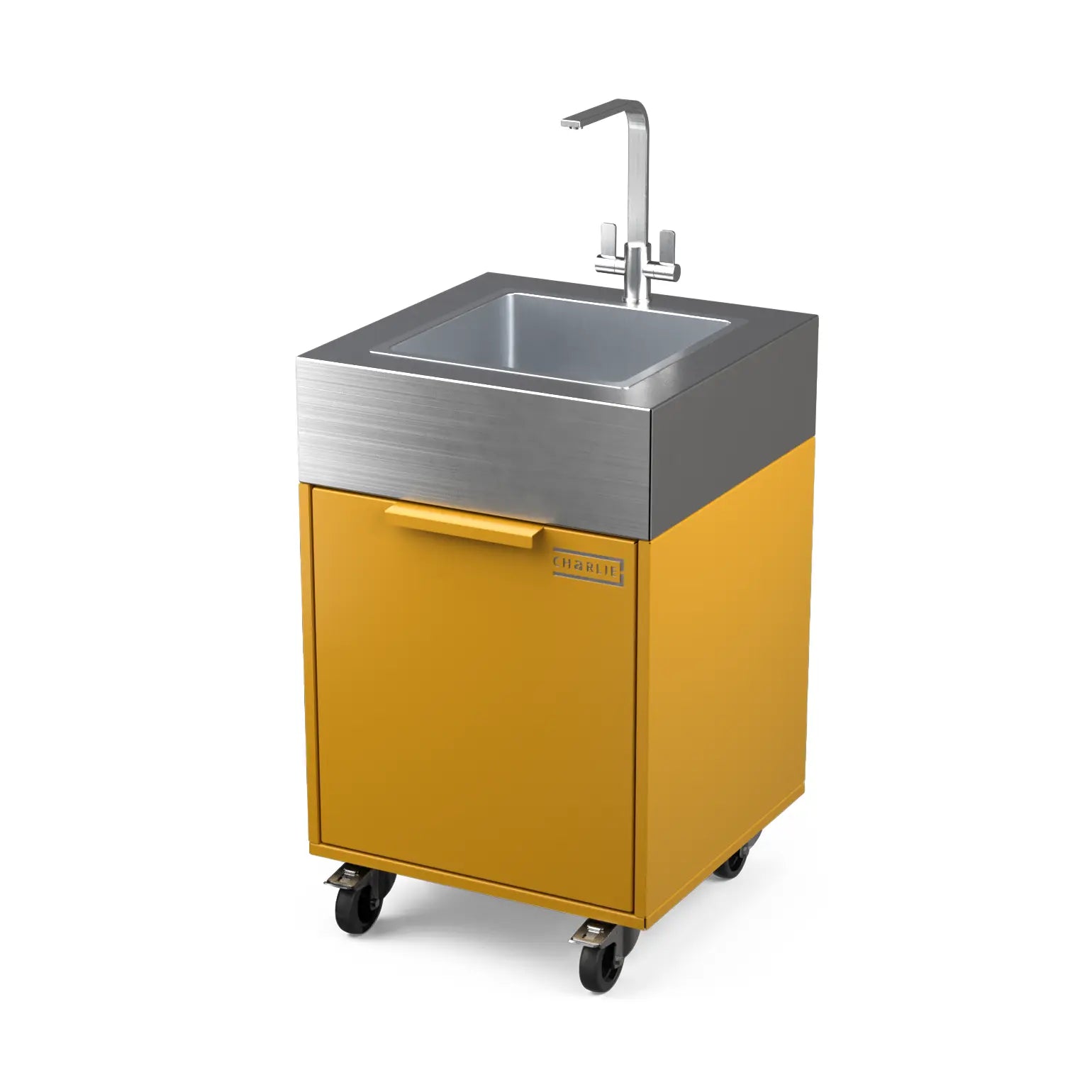 Plumbed sink cabinet in Honeycomb yellow, angled view