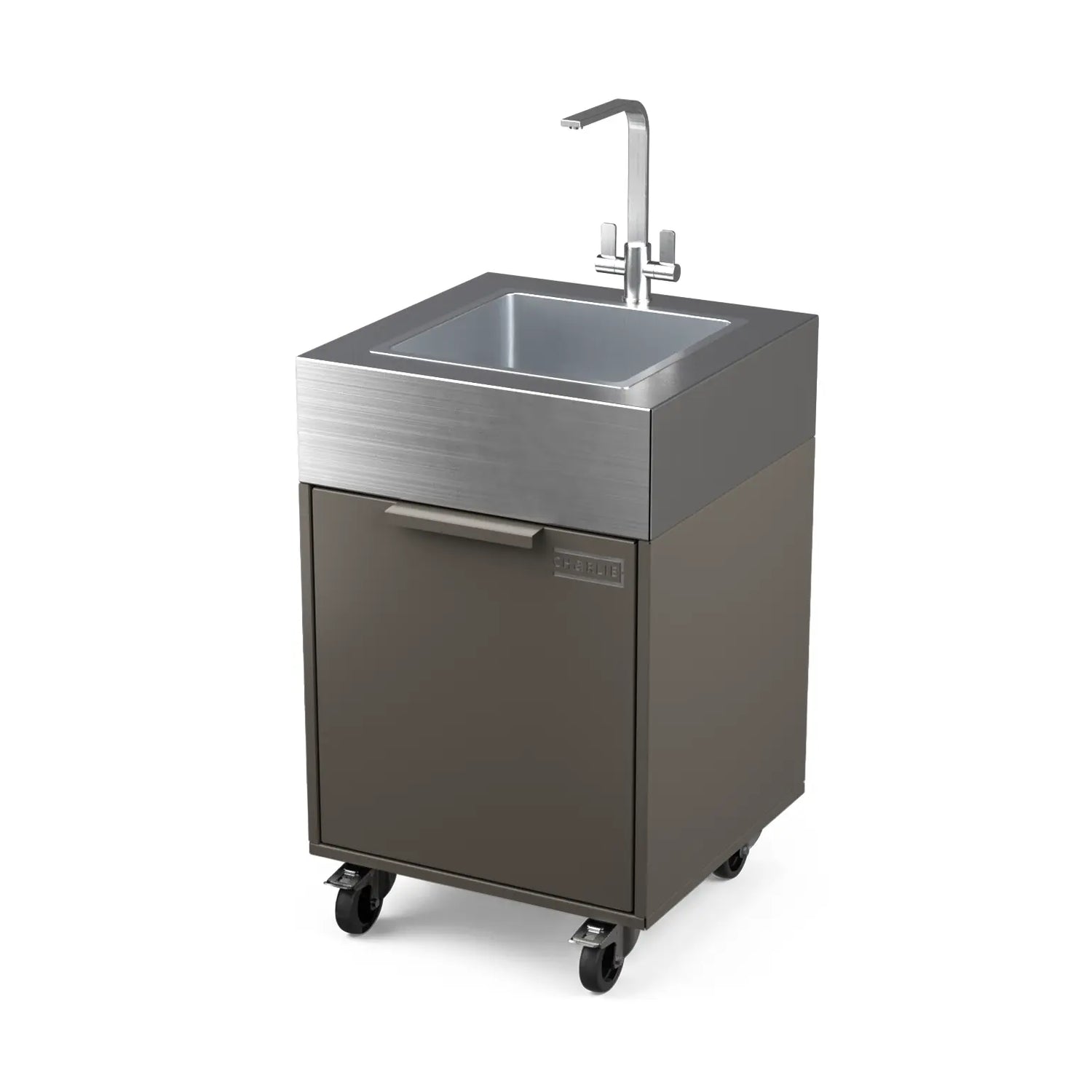 Plumbed sink cabinet in Porcini beige, angled view