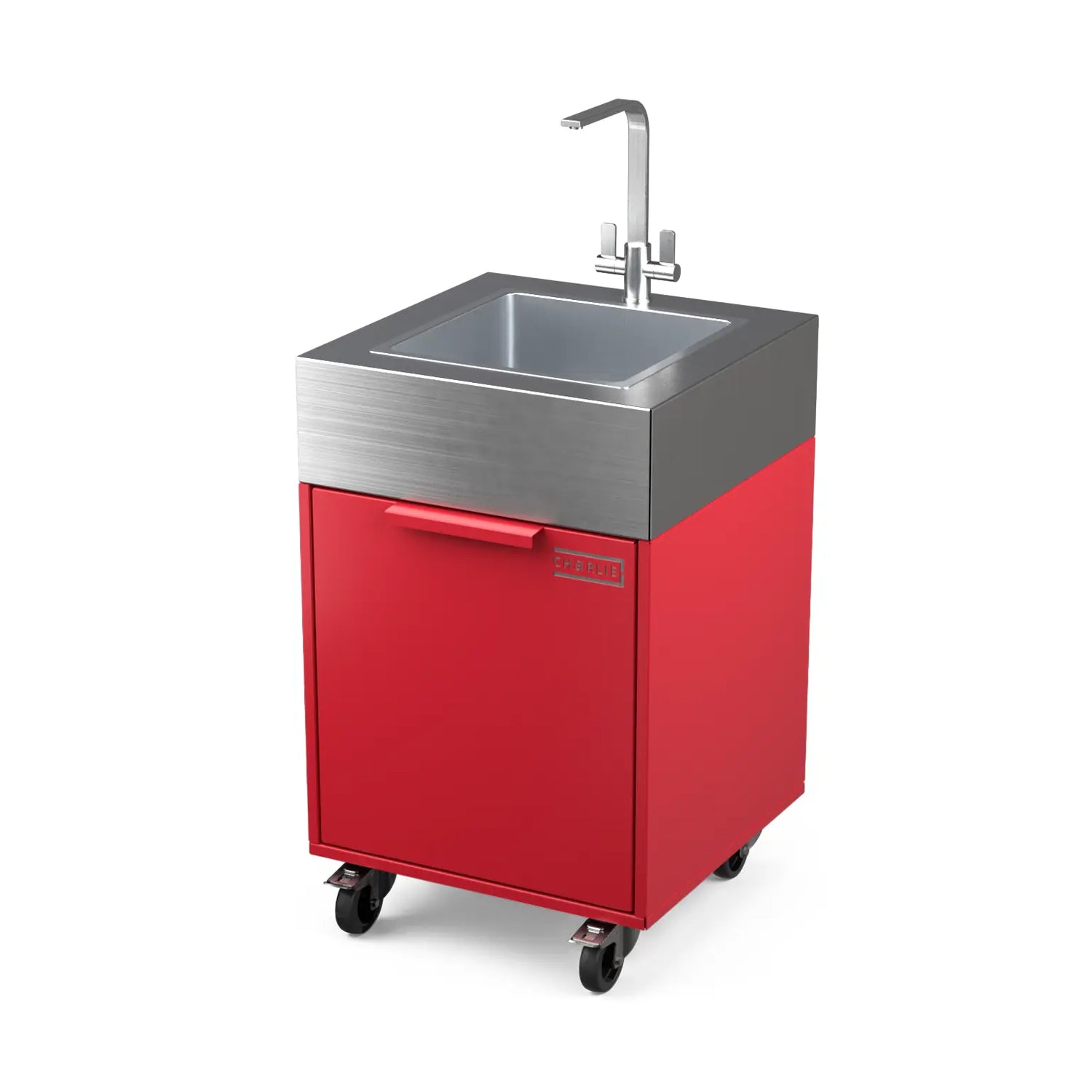 Plumbed sink cabinet in Rhubarb pink, angled view