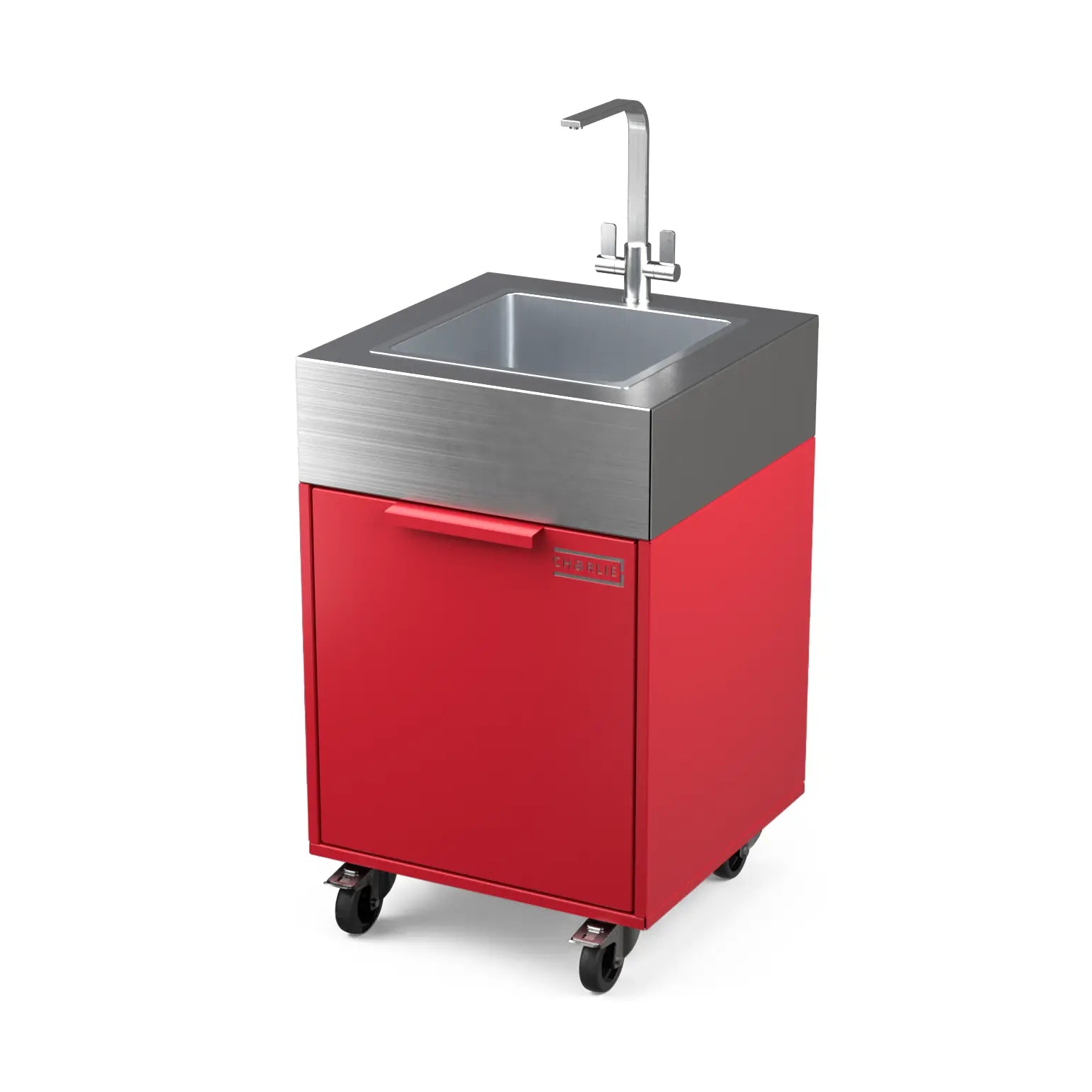 Plumbed sink cabinet in Rhubarb pink, angled view