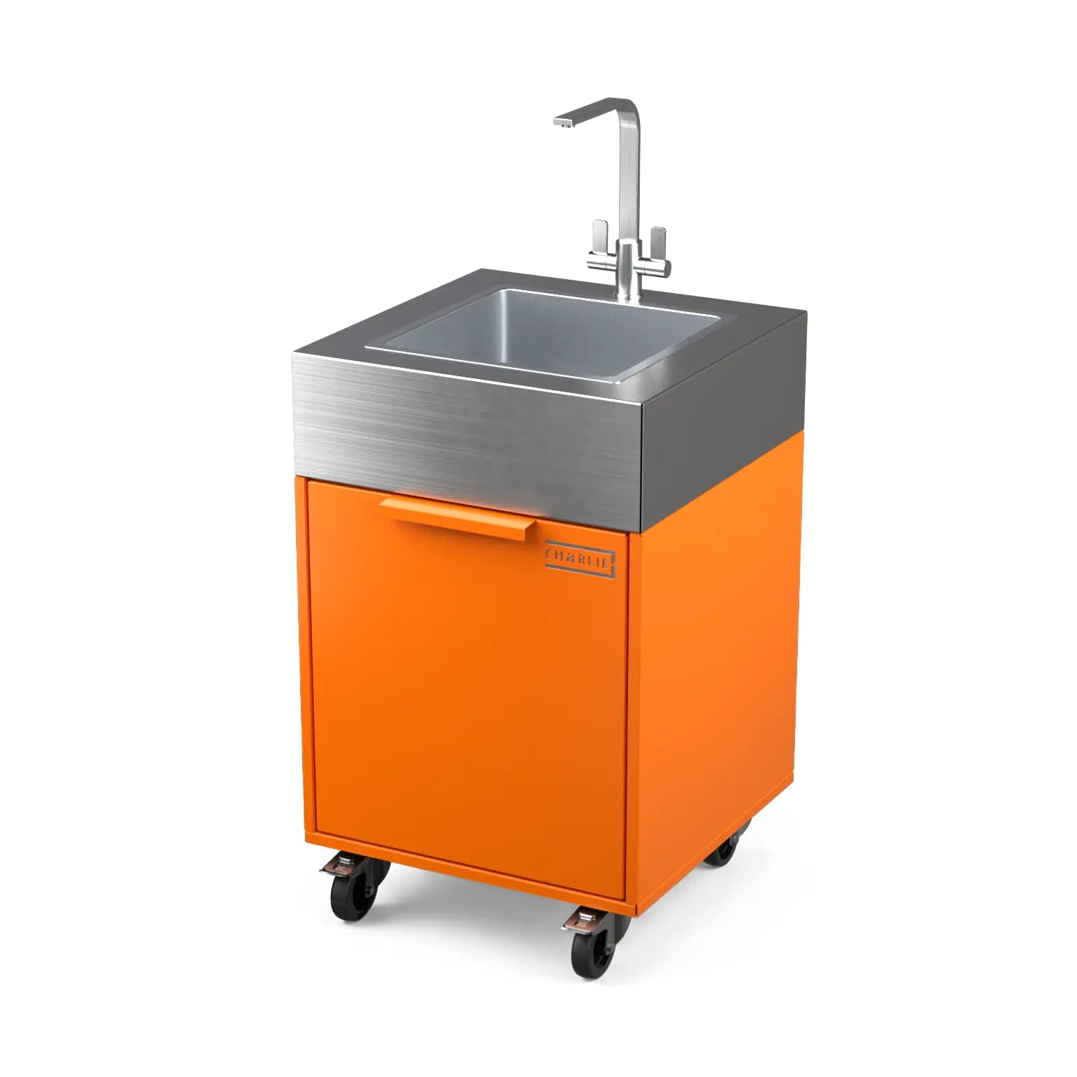 Plumbed sink cabinet in Saffron yellow, angled view
