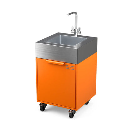Plumbed sink cabinet in Saffron yellow, angled view