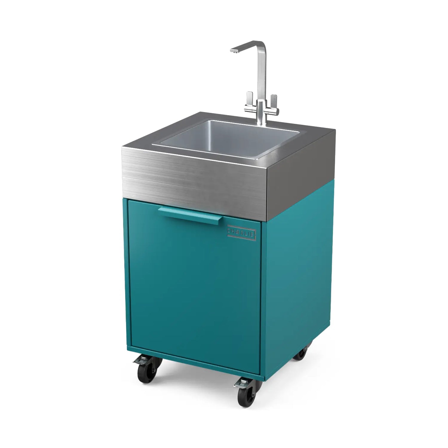 Plumbed sink cabinet in Teal Duck blue-green, angled view