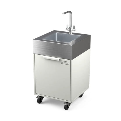 Plumbed sink cabinet in Truffle brown, angled view