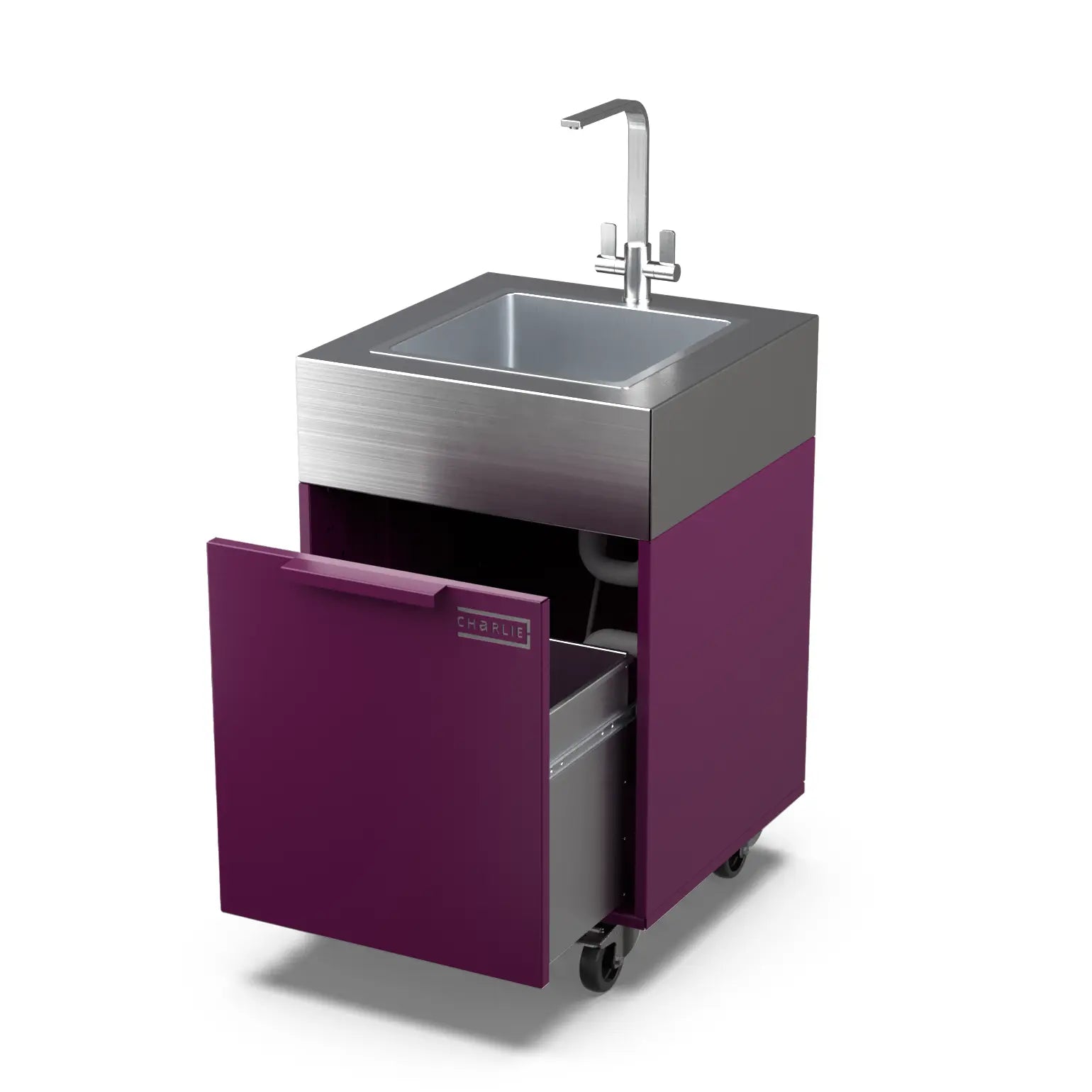 Beetroot red plumbed sink cabinet with the door open