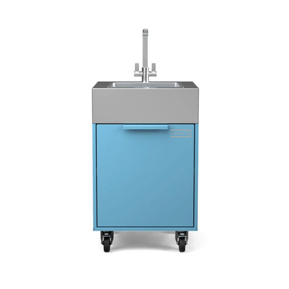 Plumbed sink cabinet in Blue Marlin blue, straight front view