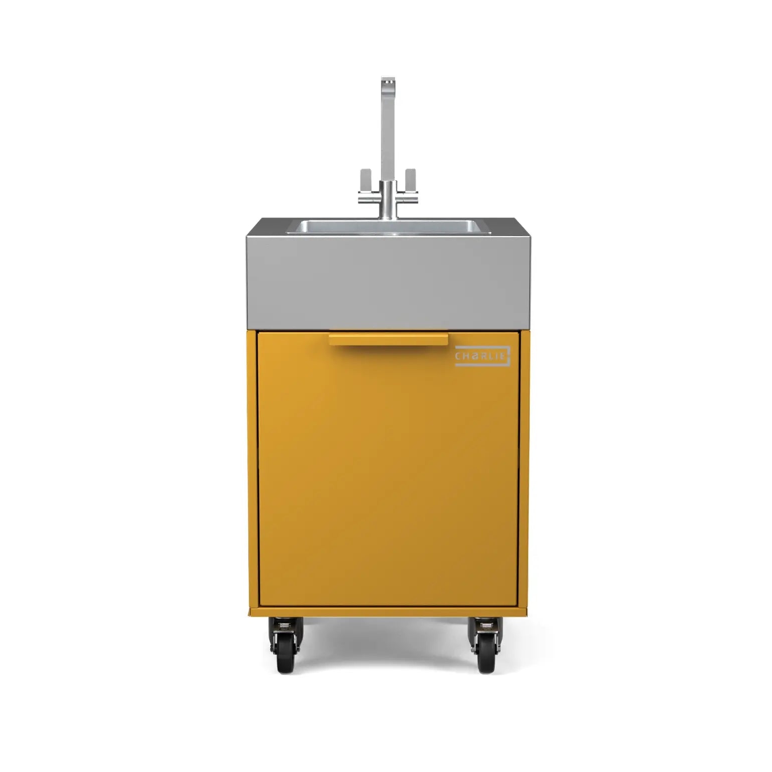 Plumbed sink cabinet in Honeycomb yellow, straight front view