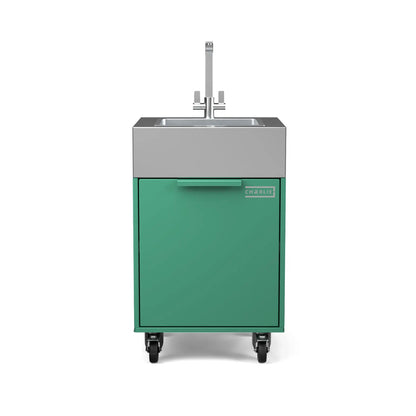 Plumbed sink cabinet in Oregano green, straight front view