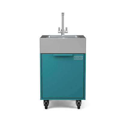 Plumbed sink cabinet in Teal Duck blue-green, straight front view