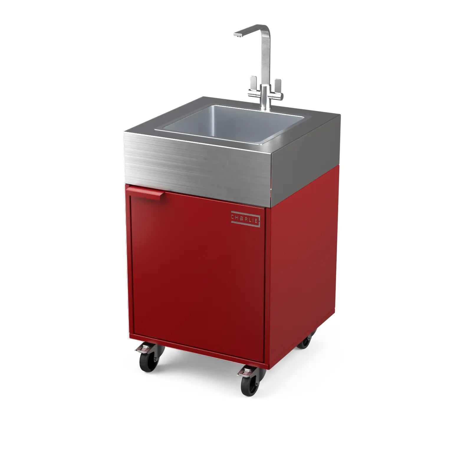 Sink Cabinet Tank in dark cherry red, angled three-quarter view of the outdoor kitchen unit