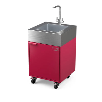 Sink Cabinet Tank in rhubarb pink, angled three-quarter view of the outdoor kitchen unit