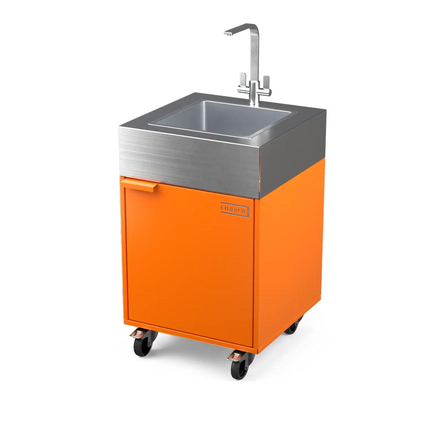 Sink Cabinet Tank in saffron yellow, angled three-quarter view of the outdoor kitchen unit