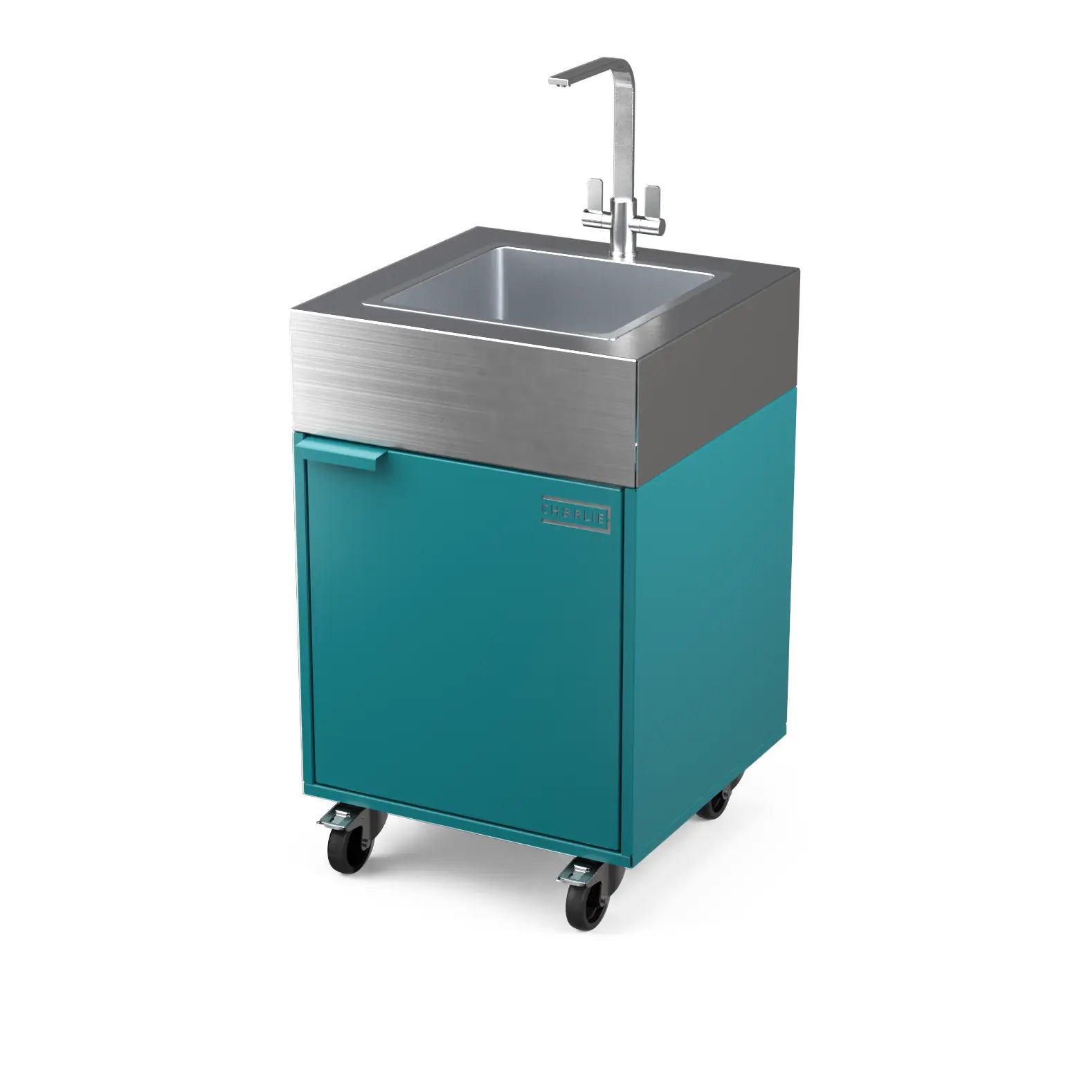 Sink Cabinet Tank in teal duck blue, angled three-quarter view of the outdoor kitchen unit