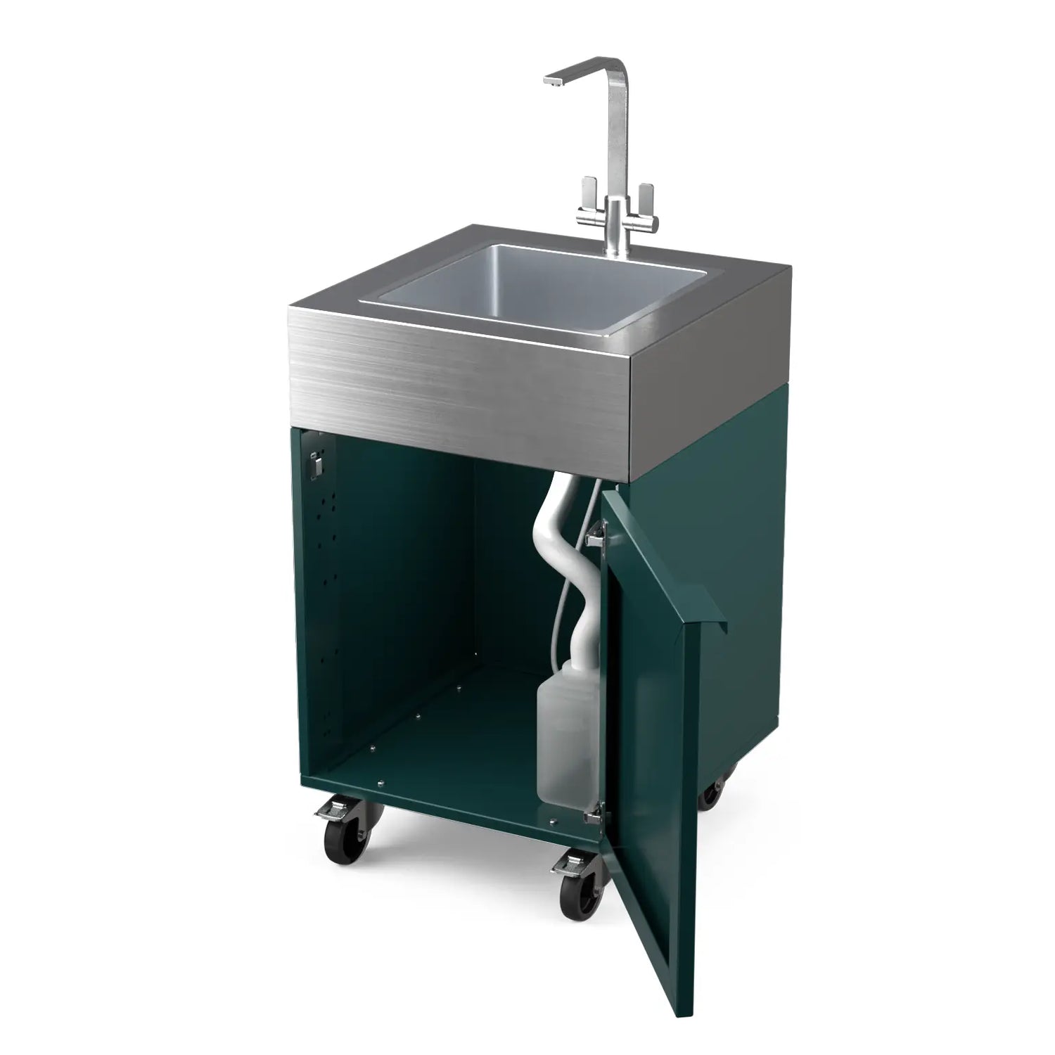Sink Cabinet Tank in agave green with cabinet doors open showing storage