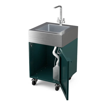 Sink Cabinet Tank in agave green with cabinet doors open showing storage