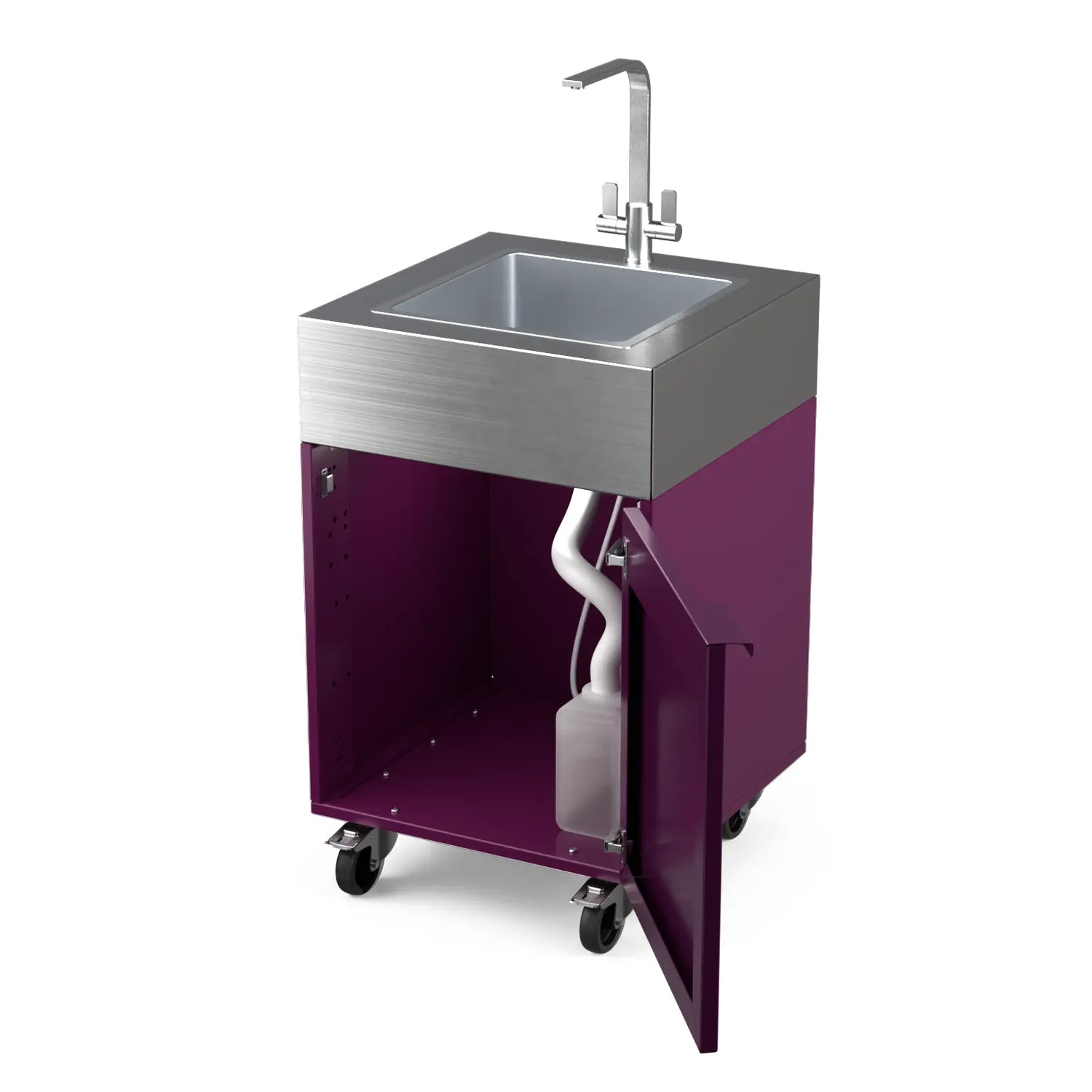 Sink Cabinet Tank in beetroot red with cabinet doors open showing storage