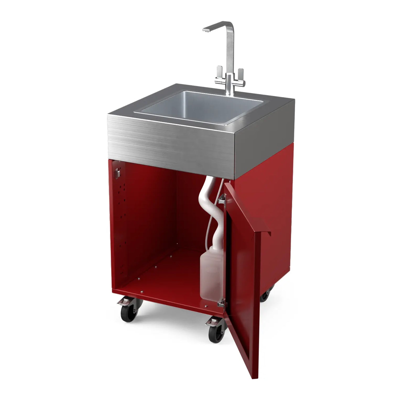 Sink Cabinet Tank in dark cherry red with cabinet doors open showing storage