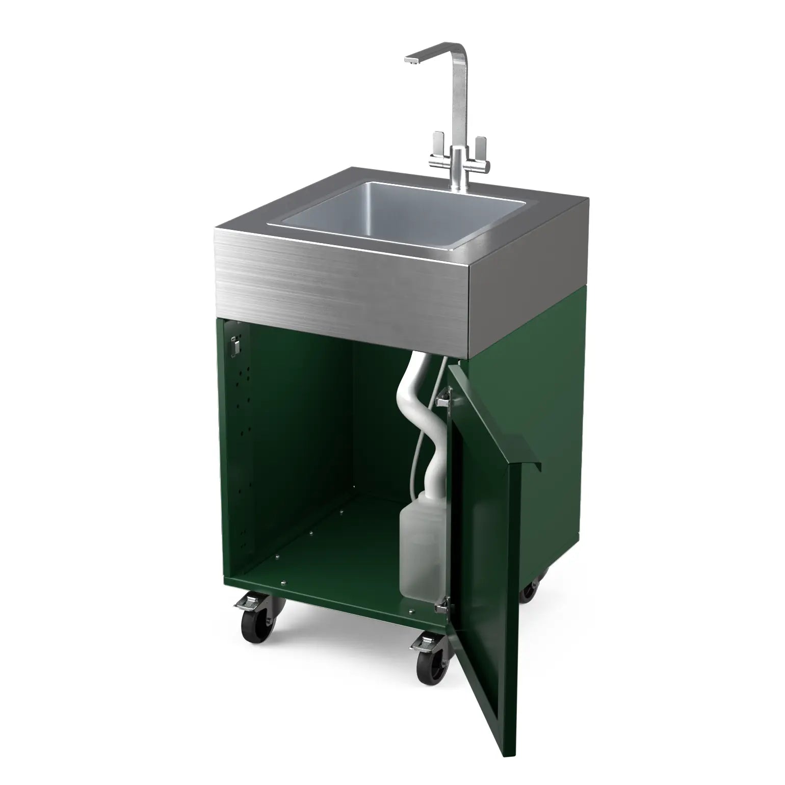 Sink Cabinet Tank in green chilli with cabinet doors open showing storage