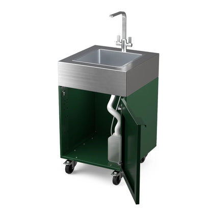 Sink Cabinet Tank in green chilli with cabinet doors open showing storage