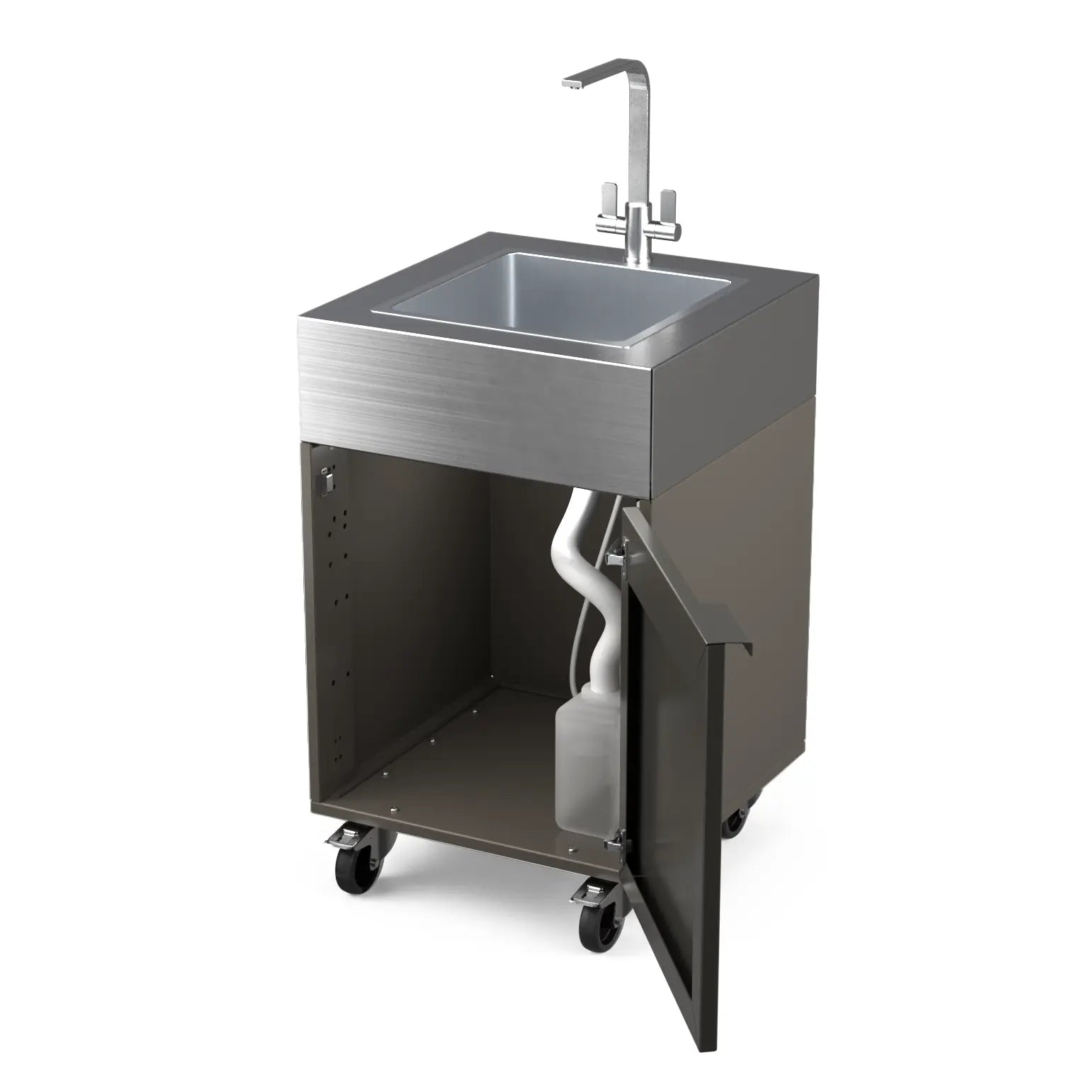 Sink Cabinet Tank in porcini beige with cabinet doors open showing storage