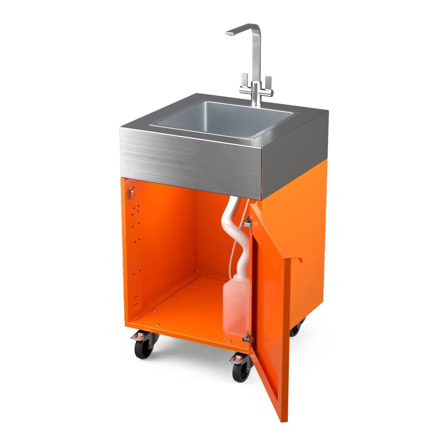 Sink Cabinet Tank in saffron yellow with cabinet doors open showing storage