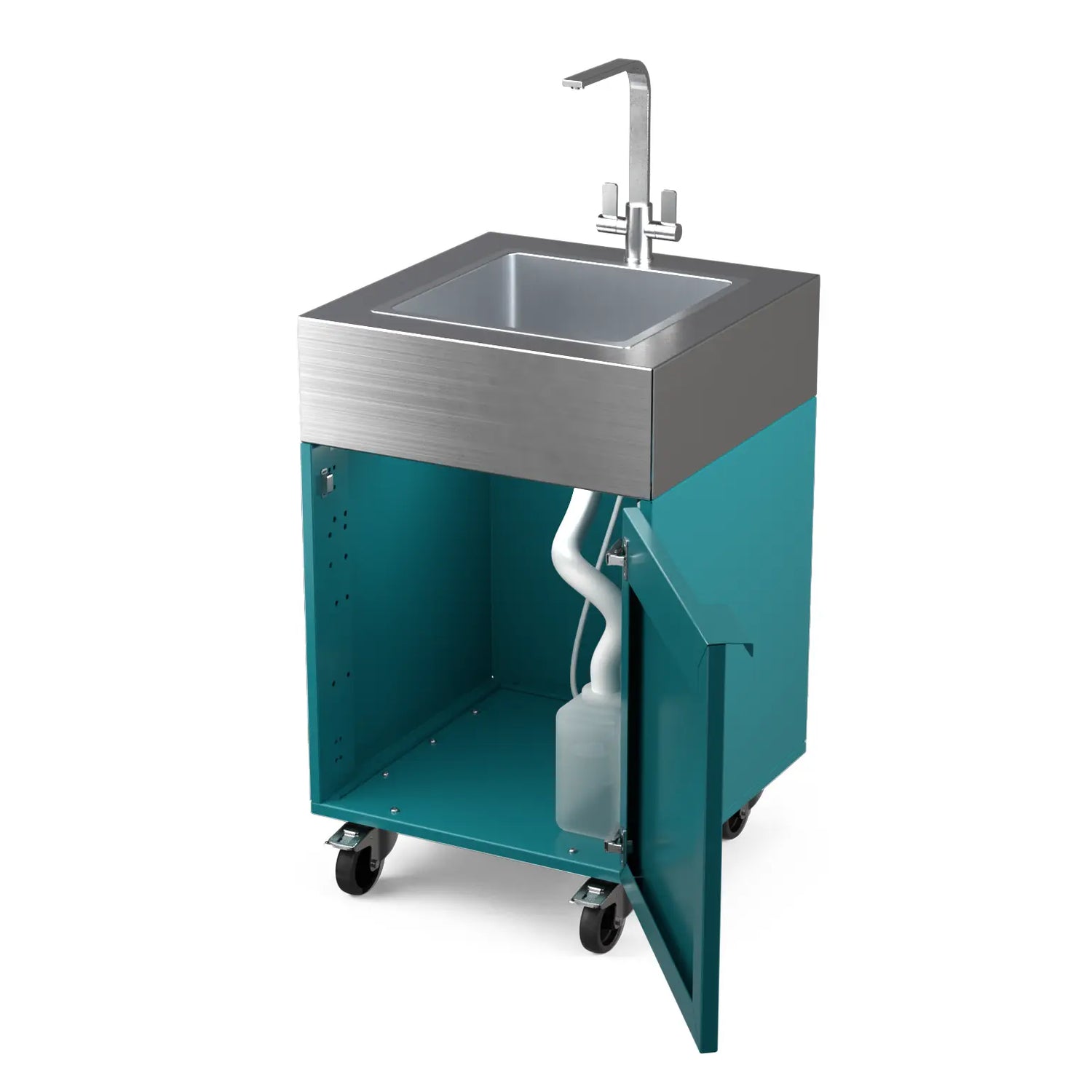 Sink Cabinet Tank in teal duck blue with cabinet doors open showing storage