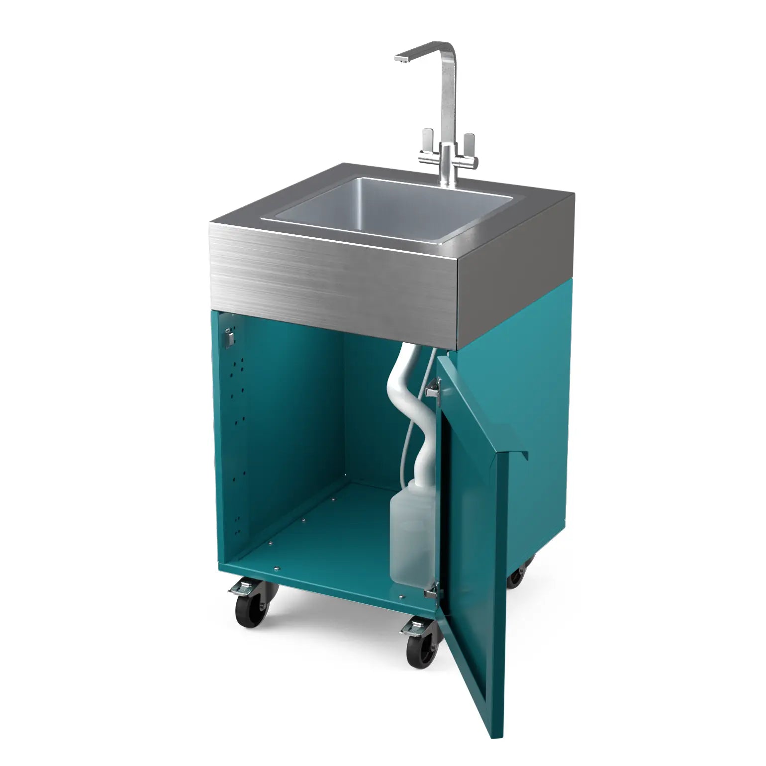 Sink Cabinet Tank in teal duck blue with cabinet doors open showing storage