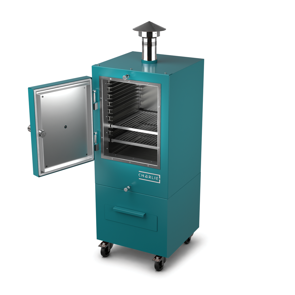Charlie Charcoal Oven in teal duck, angled view with the door open 