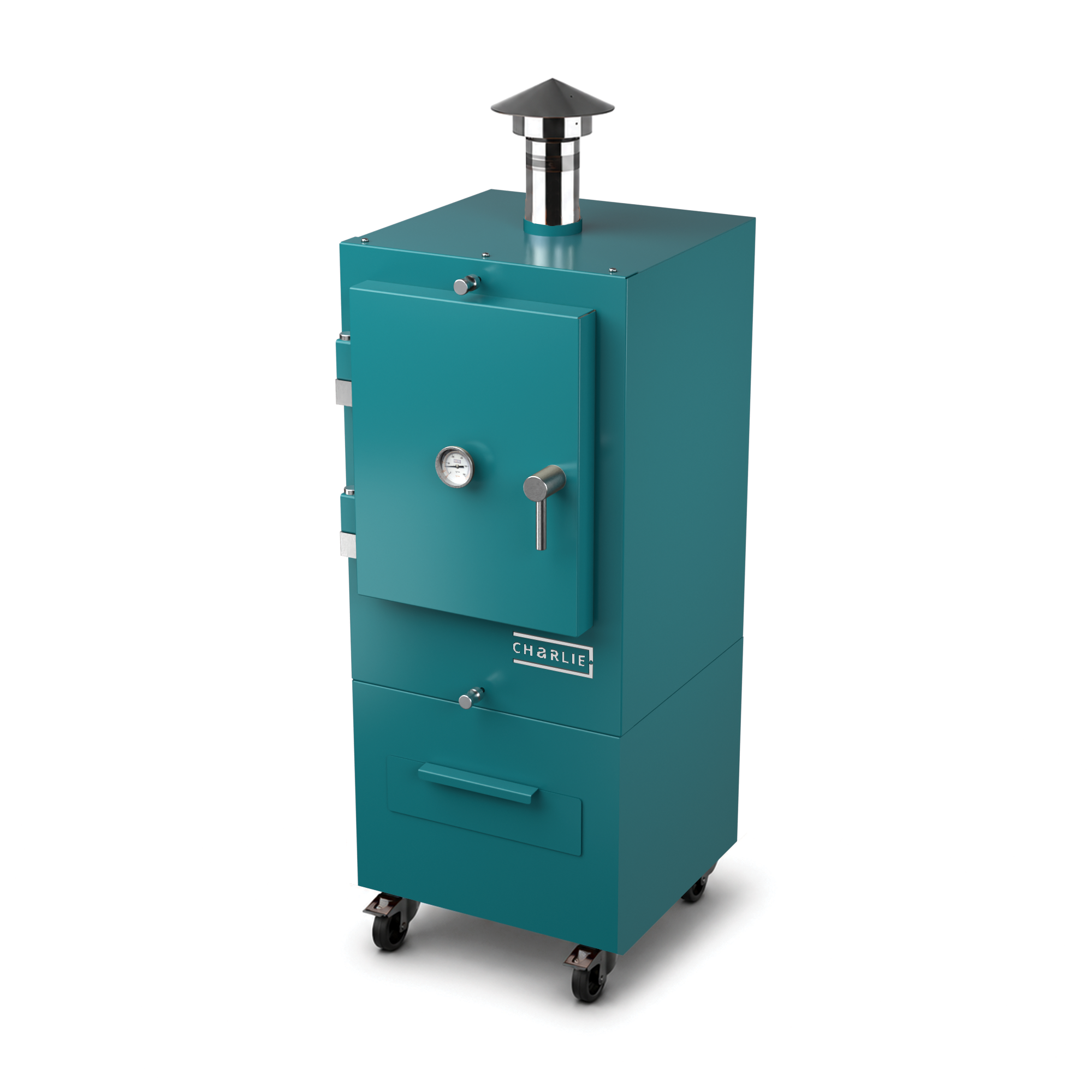 Charlie Charcoal Oven in teal duck, angled view with the door closed 