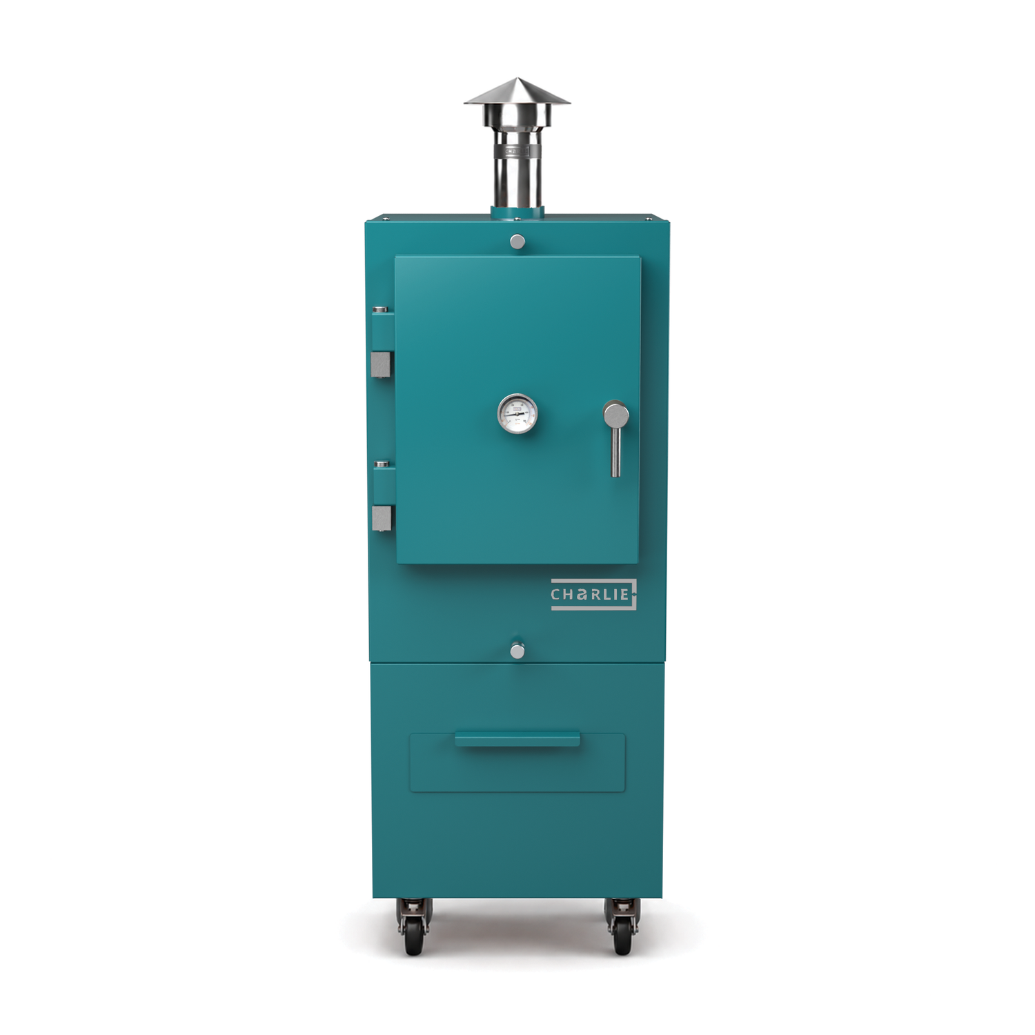 Charlie Charcoal Oven in teal duck, front view with the door closed 