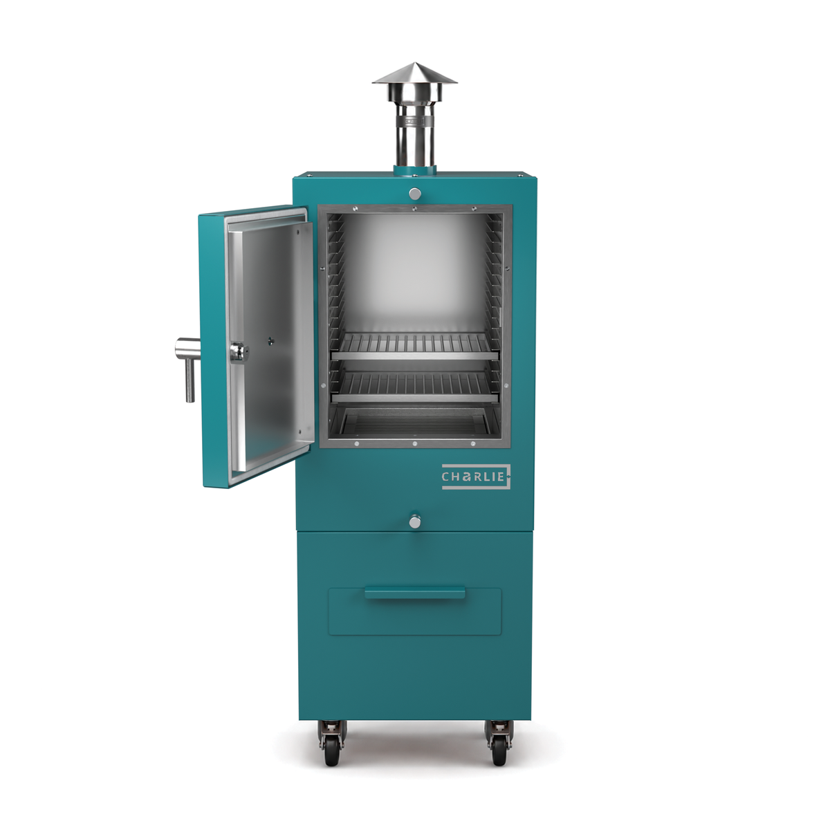 Charlie Charcoal Oven in teal duck, front view with the door open showing the cooking chamber 