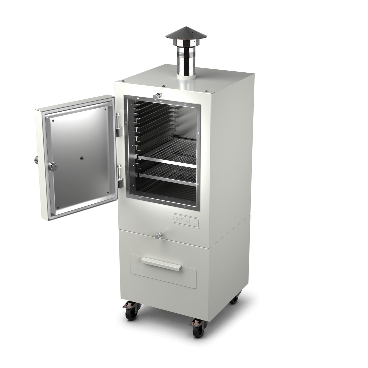 Charlie Charcoal Oven in truffle brown, angled view with the door open 