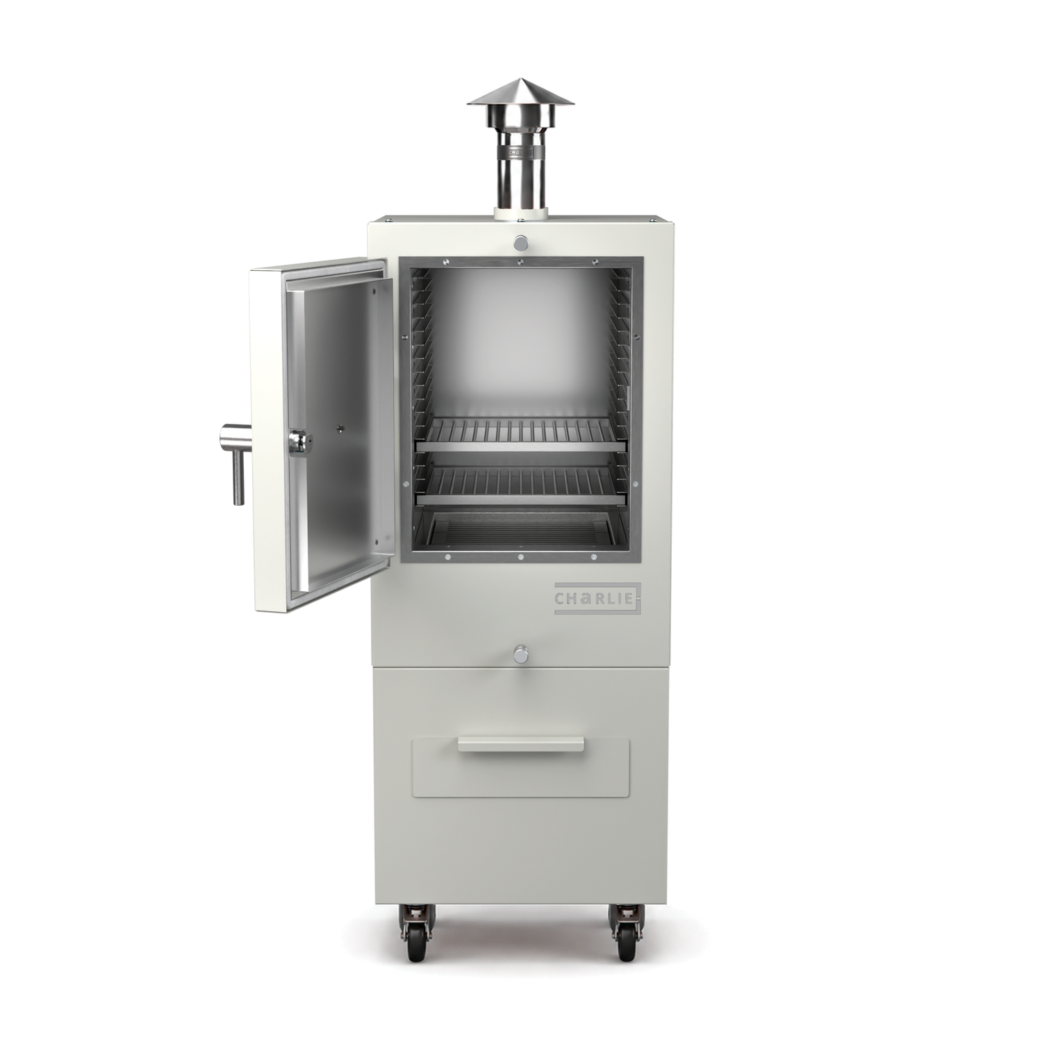 Charlie Charcoal Oven in truffle brown, front view with the door open showing the cooking chamber 