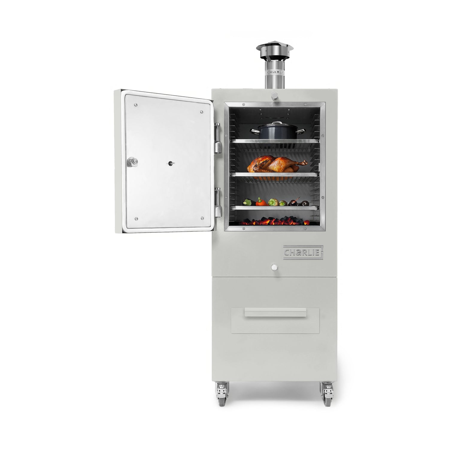 Smoker grill with open door showing food inside on a white background. 