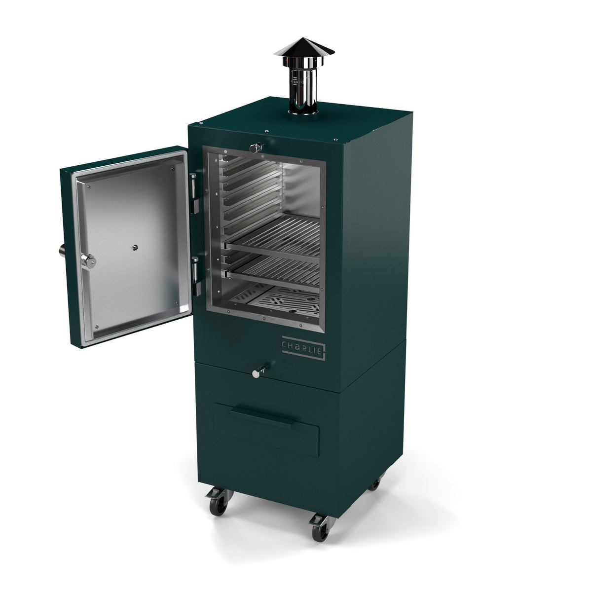Charlie Charcoal Oven in agave, a dark green-blue, angled view with the door open showing the racks inside 