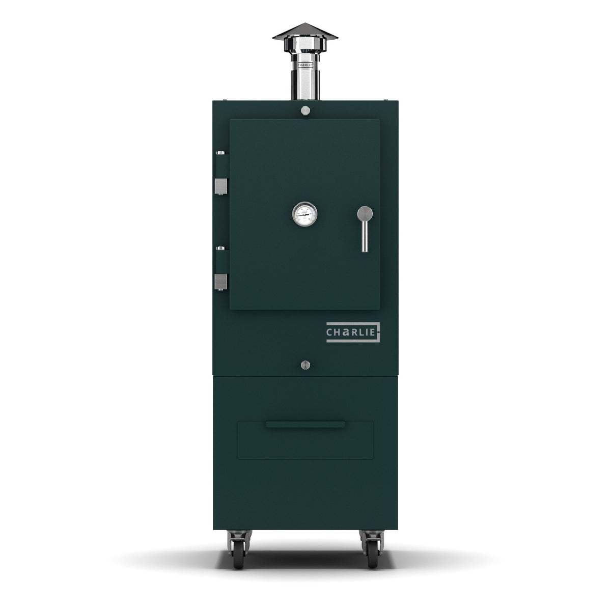 Charlie Charcoal Oven in agave, a dark green-blue, front view with the door closed